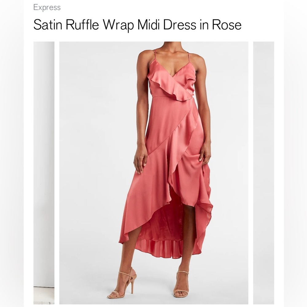 Express Satin Ruffle Wrap Midi Dress in Rose
